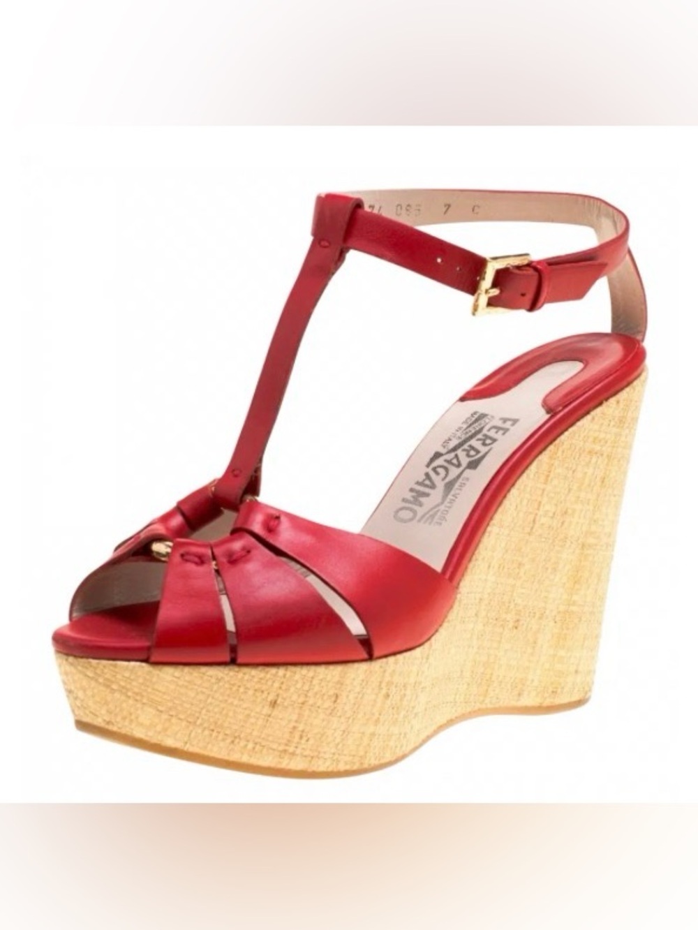 Salvatore Ferragamo Red Leather T-Strap Wedge Sandals
